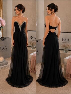 B&A by Betsy & Adam Black Rhinestone Backless Evening Gown - Size 6